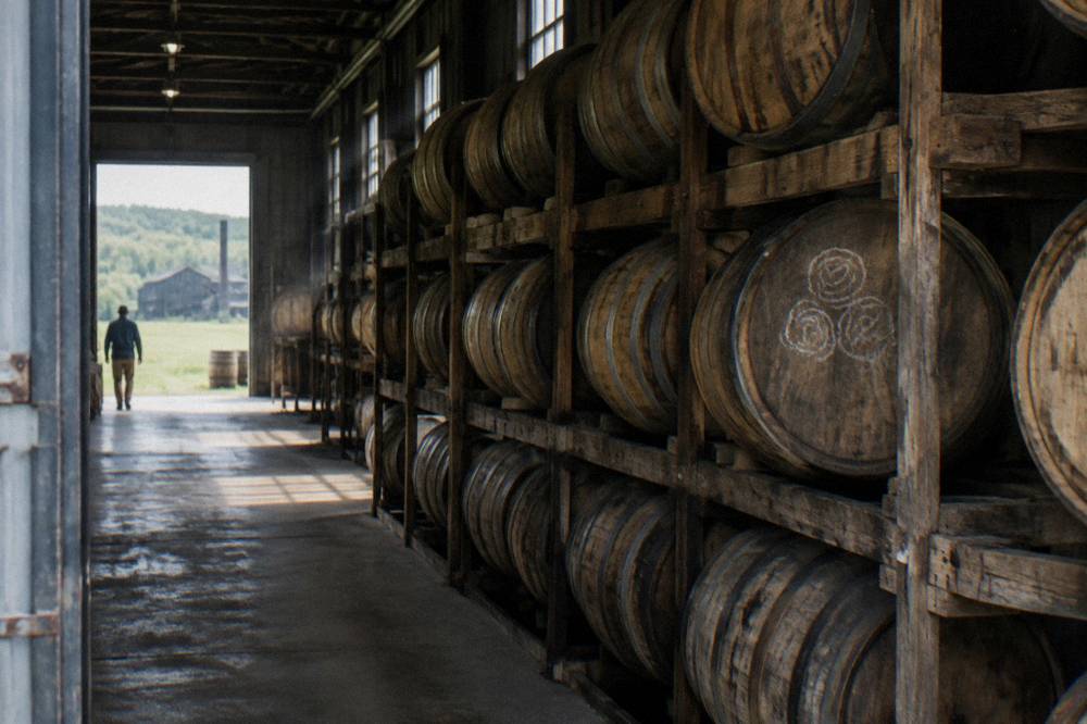 Empty barrel warehouse aisle lit by natural window light