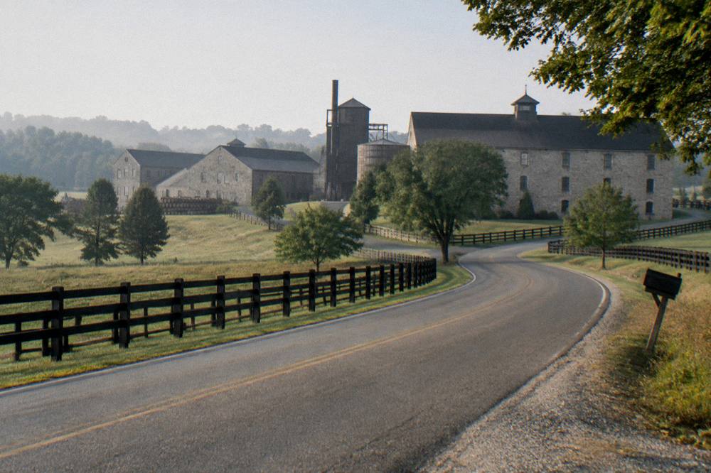 Country road winding past fenced horse farms toward a distillery campus