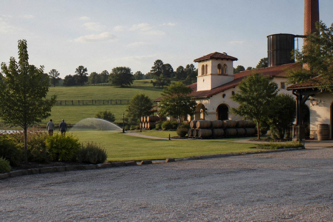Spanish-style distillery building with red tile roofs surrounded by Kentucky countryside