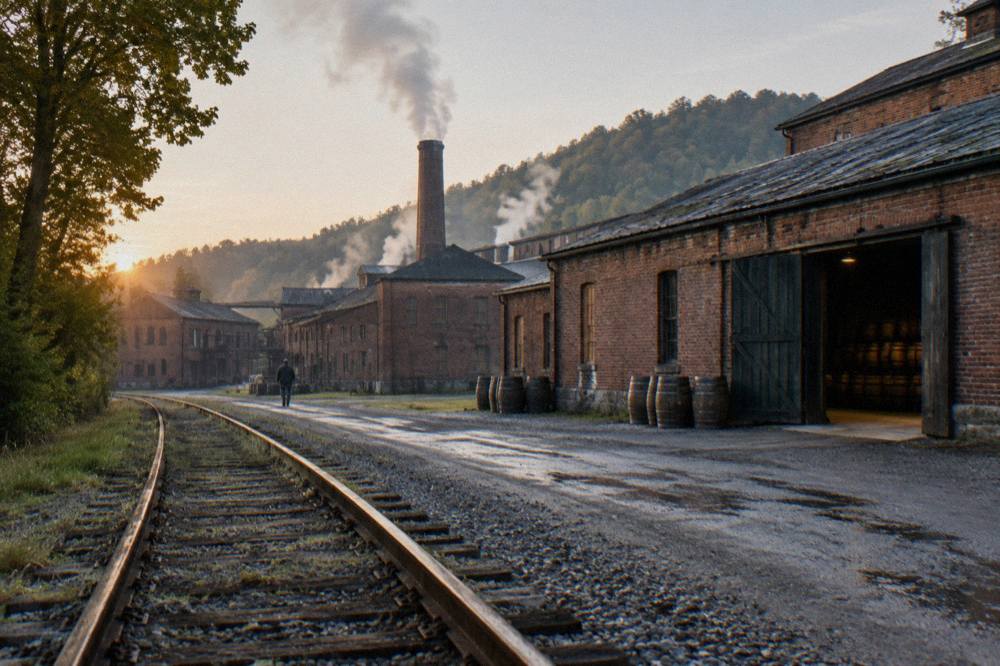 Wide brick distillery campus with steam rising from a historic chimney