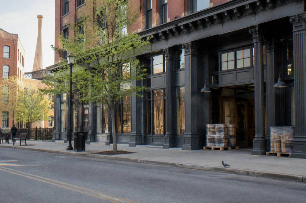 Historic brick storefronts along Whiskey Row at golden hour