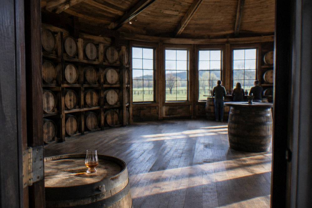 Circular wooden tasting room with barrels arranged around the walls