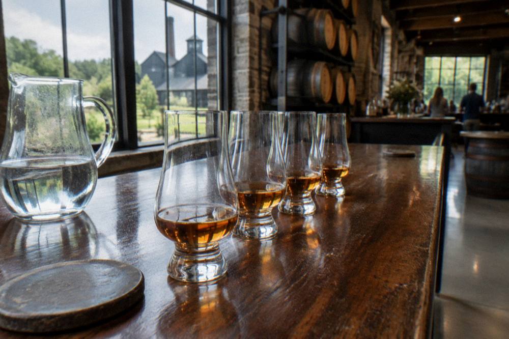 Glasses of amber bourbon lined on a wooden tasting counter