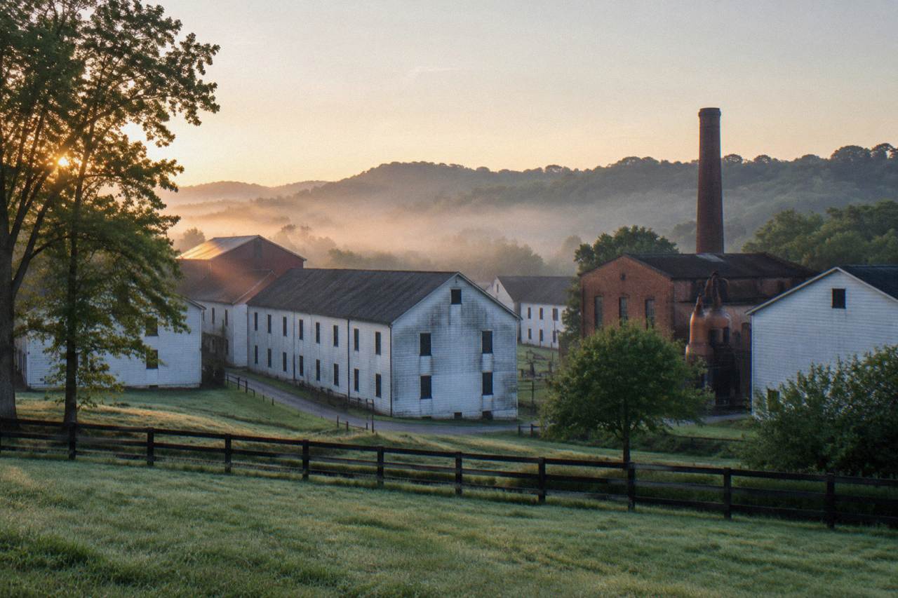 Rolling green Kentucky hills with white clapboard bourbon warehouses and a brick distillery building under a wide sky