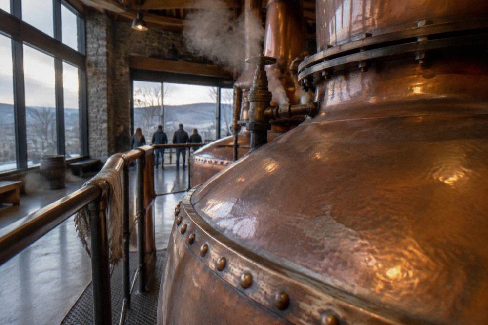 Copper pot stills inside a Kentucky distillery tour stop lit by warm industrial lighting