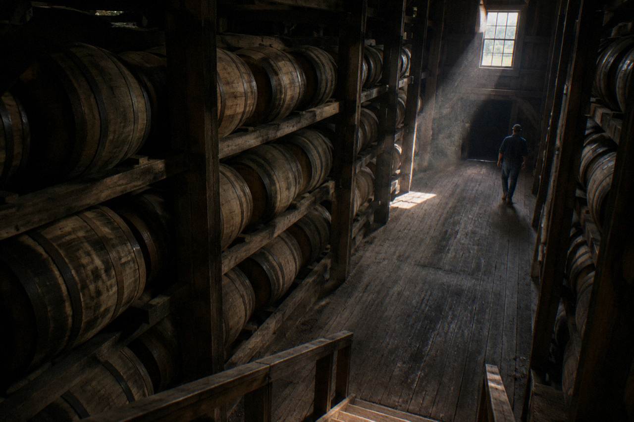 Rows of bourbon barrels stacked inside a dim rickhouse in central Kentucky