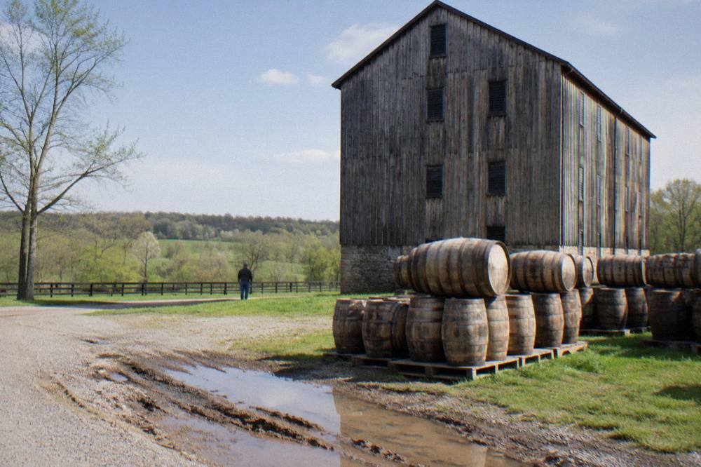 A bourbon distillery rickhouse with stacked oak barrels beside a rural Kentucky road