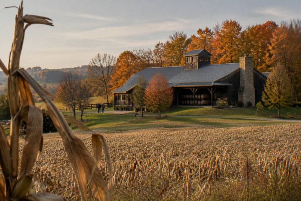 Golden fall foliage over rolling Kentucky farmland near a distillery barn