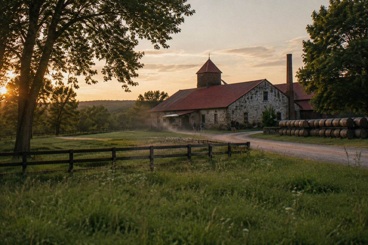 A winding country road through green Kentucky hills passing a limestone distillery building