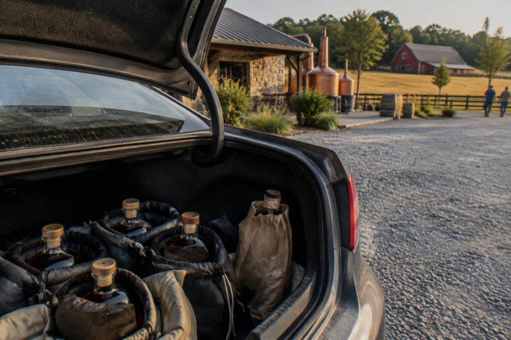 Unopened bourbon bottles packed safely in the trunk of a car