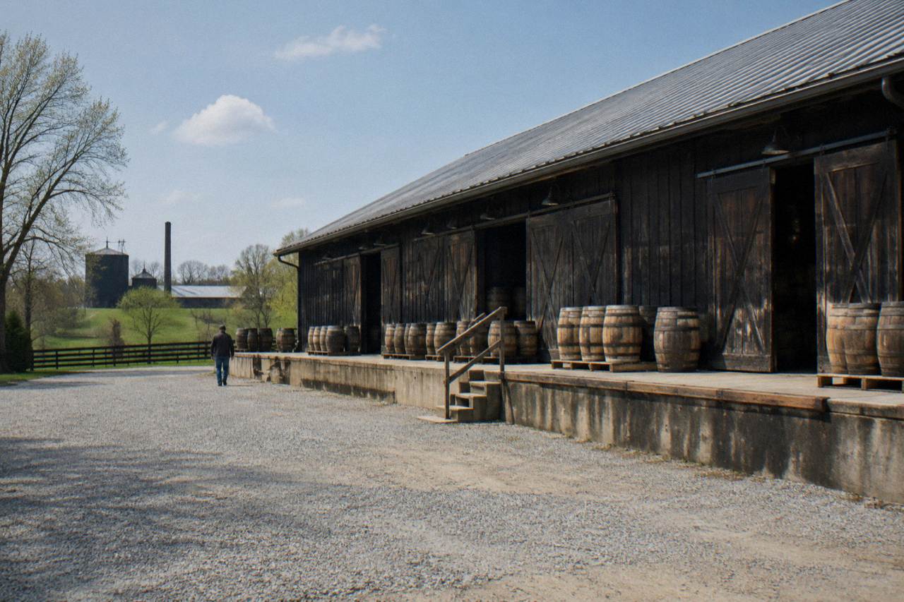 A wooden barrel warehouse on a Kentucky distillery campus under a clear sky