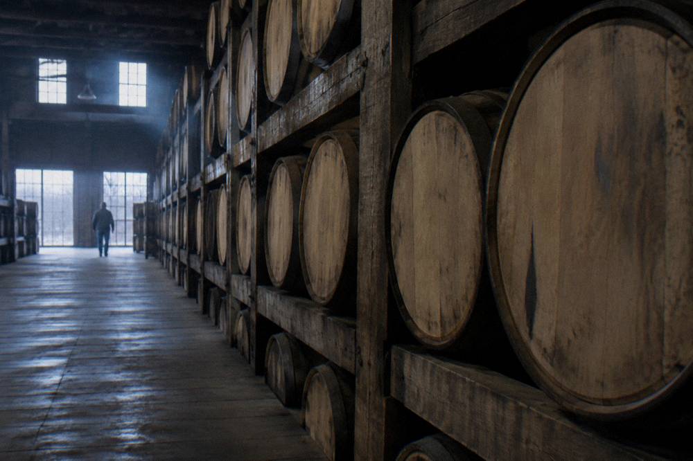 Rows of bourbon barrels resting on racks inside a dim warehouse