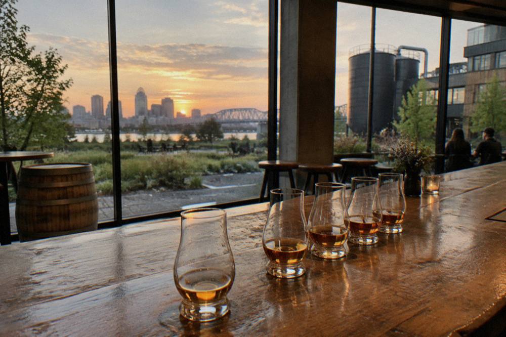 A tasting room with glasses of bourbon lined up on a wooden bar