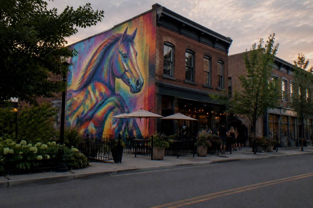 A walking tour group on a cobblestone street in NuLu with colorful murals and restaurant patios