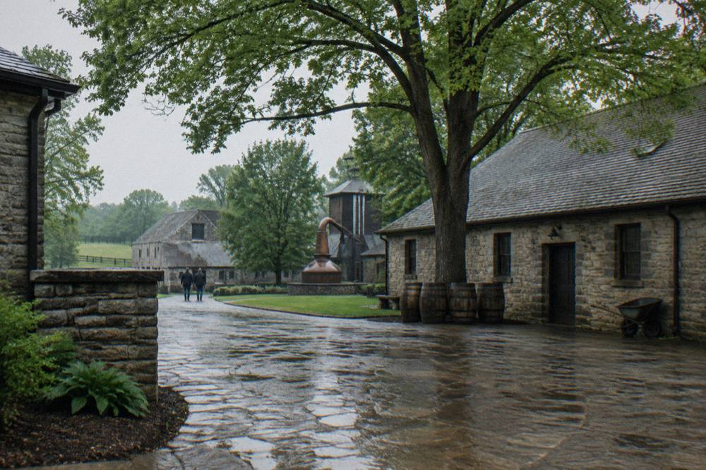 Stone distillery building among trees at Woodford Reserve in Versailles Kentucky