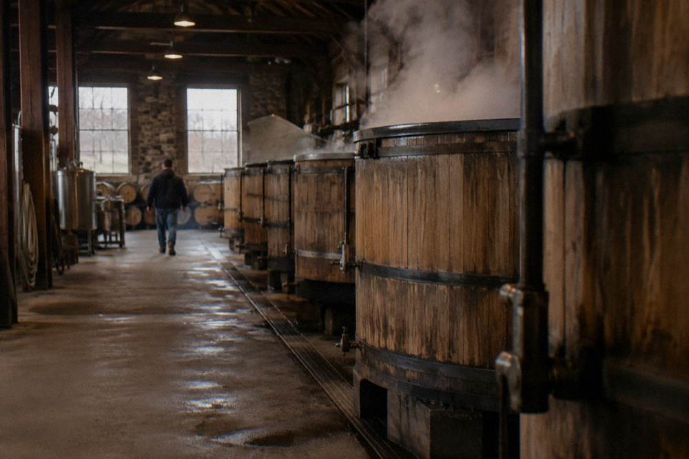Wooden fermentation vats inside a working Kentucky distillery in Lawrenceburg