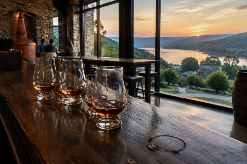 Bourbon glasses lined up on a tasting bar in a Kentucky distillery