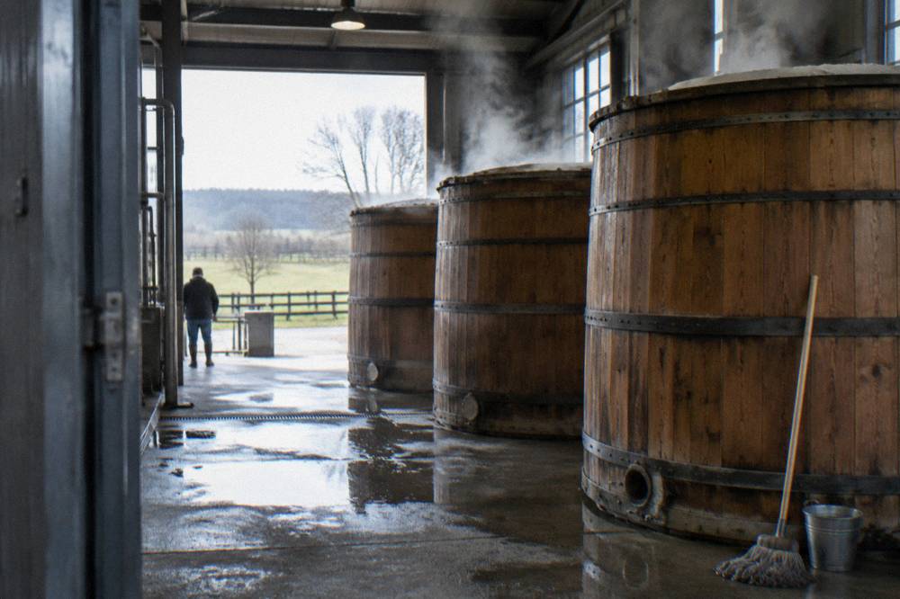 Copper stills inside a Kentucky bourbon distillery fermenting hall