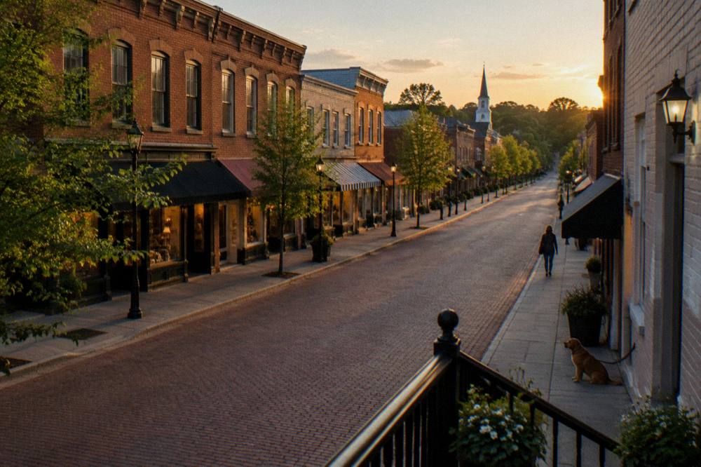 Small-town main street with brick storefronts in Bardstown Kentucky at golden hour