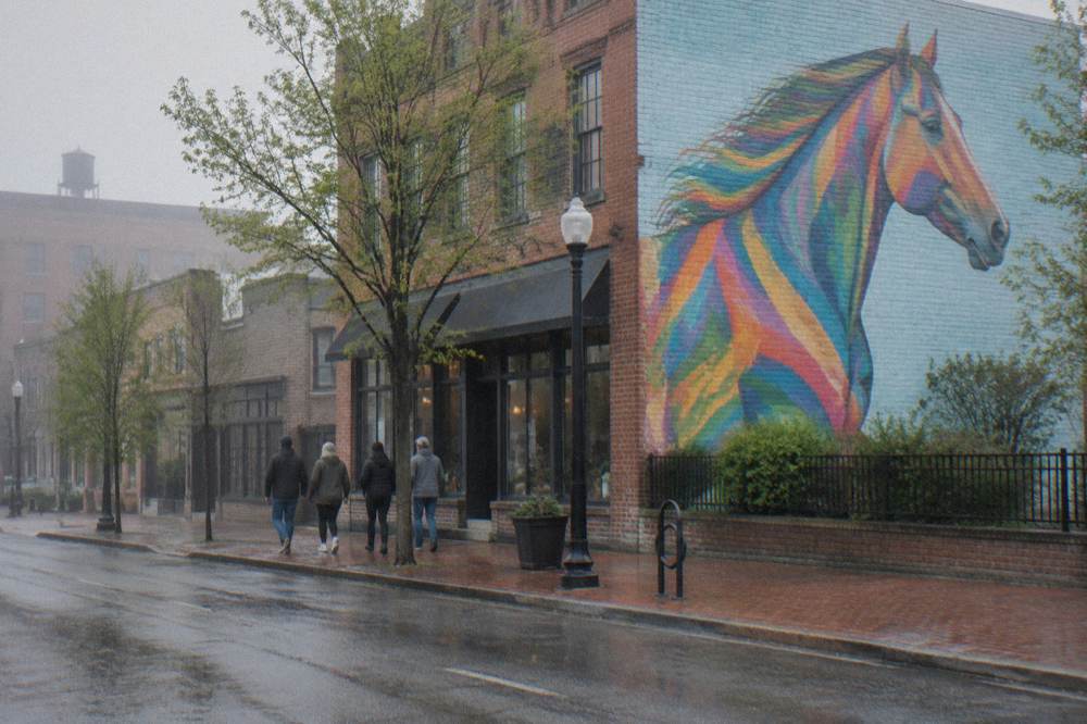 A guided walking group gathered on a brick sidewalk in a revived city district