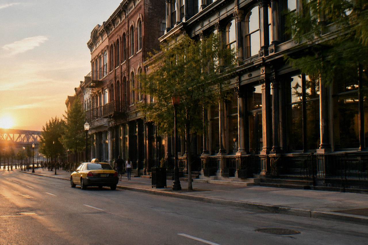 Historic brick facades along Whiskey Row in downtown Louisville at golden hour