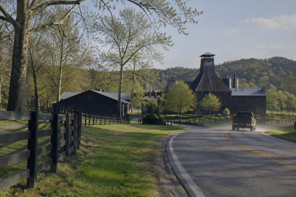 A countryside road in central Kentucky curving past plank fences toward a distillery campus