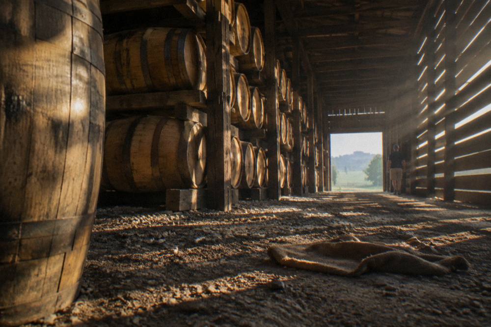 Bourbon barrels stacked in a rickhouse with sunlight through wooden slats