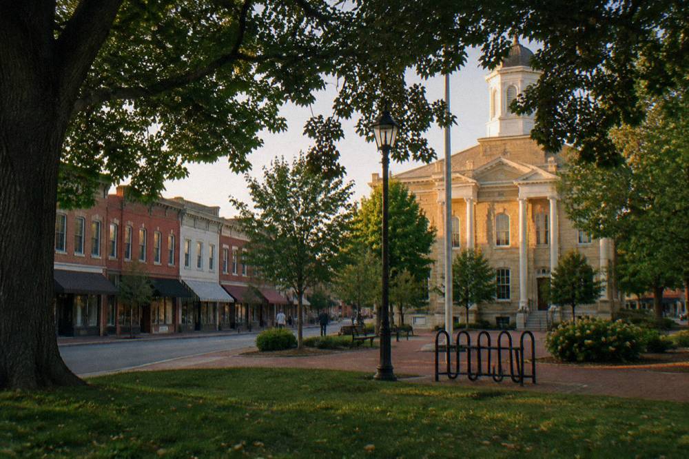 Small-town courthouse square at golden hour with storefronts and trees