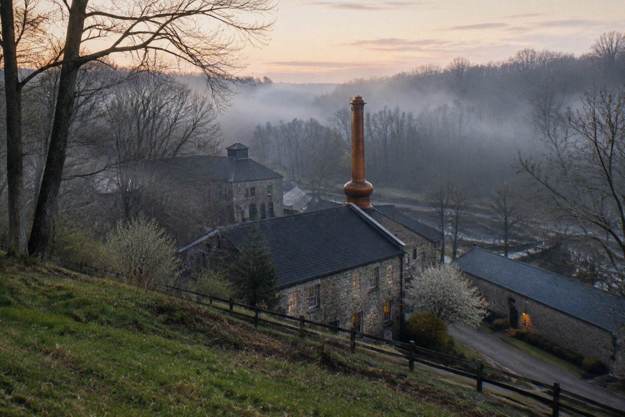 Stone distillery buildings and copper pot stills inside a limestone warehouses scene in horse country